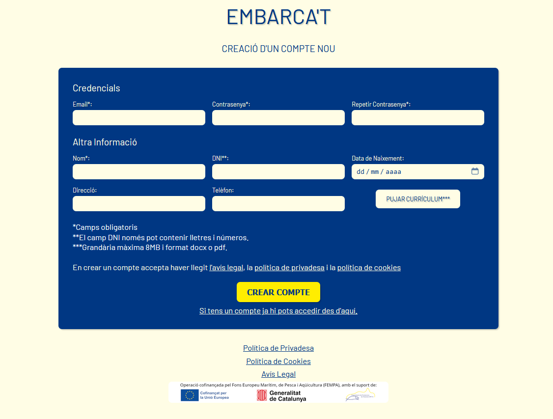 Formulari de Sign up
